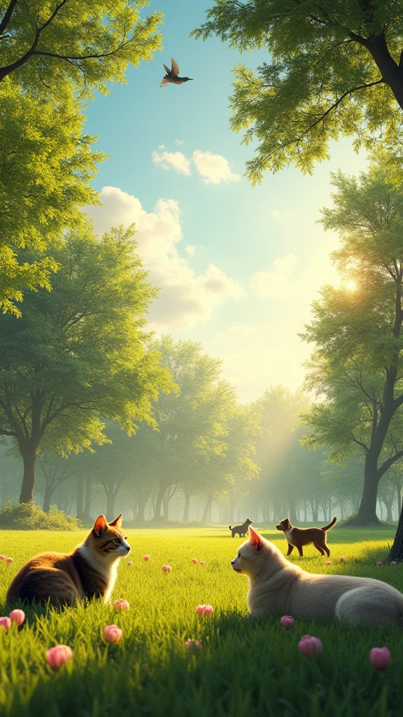 large-scale outdoor scene designed for a 9ft by 6ft wall display at an animal clinic reception. The scene captures a group of (((ultra-realistic))) and (((highly detailed))) cats, dogs, green park during a serene morning. The animals interact naturally—cats basking in the gentle morning sunlight, dogs joyfully playing together, and birds perched gracefully on tree branches. The lighting perfectly captures the soft, golden hues of dawn, with every feature of the animals—eyes, ears, noses, fur, feathers, and limbs—rendered with absolute precision and lifelike accuracy. The background is filled with vibrant flowers, tall trees, and a clear blue sky, creating a peaceful, welcoming atmosphere. The image is sharp, hyper-realistic, and produced in ultra-high-definition quality, ensuring every detail stands out on the large wall display., UHD, masterpiece, accurate, anatomically correct, super detail, high details, high quality, award winning, best quality, highres, 1080P, HD