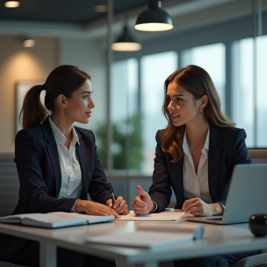 A female new employee who gets her job done and receives praise from her female boss