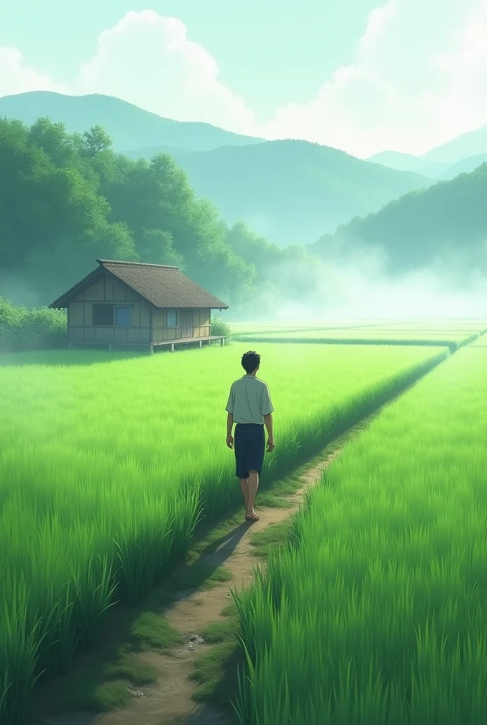 มีชายคนหนึ่งเดินผ่านrice paddies, in the background is a hut with rice paddies, rice paddies, Rice seedlings are neatly planted in the paddy field, fogy rain, village, agriculture, in the tranquil landscape, fogy weather, in the tranquil landscapeอันกว้างใหญ่, In the morning, in the morning fog, หลังvillageเล็กๆแห่งหนึ่ง, fog, Japanese countryside, Thatched roof --V 6