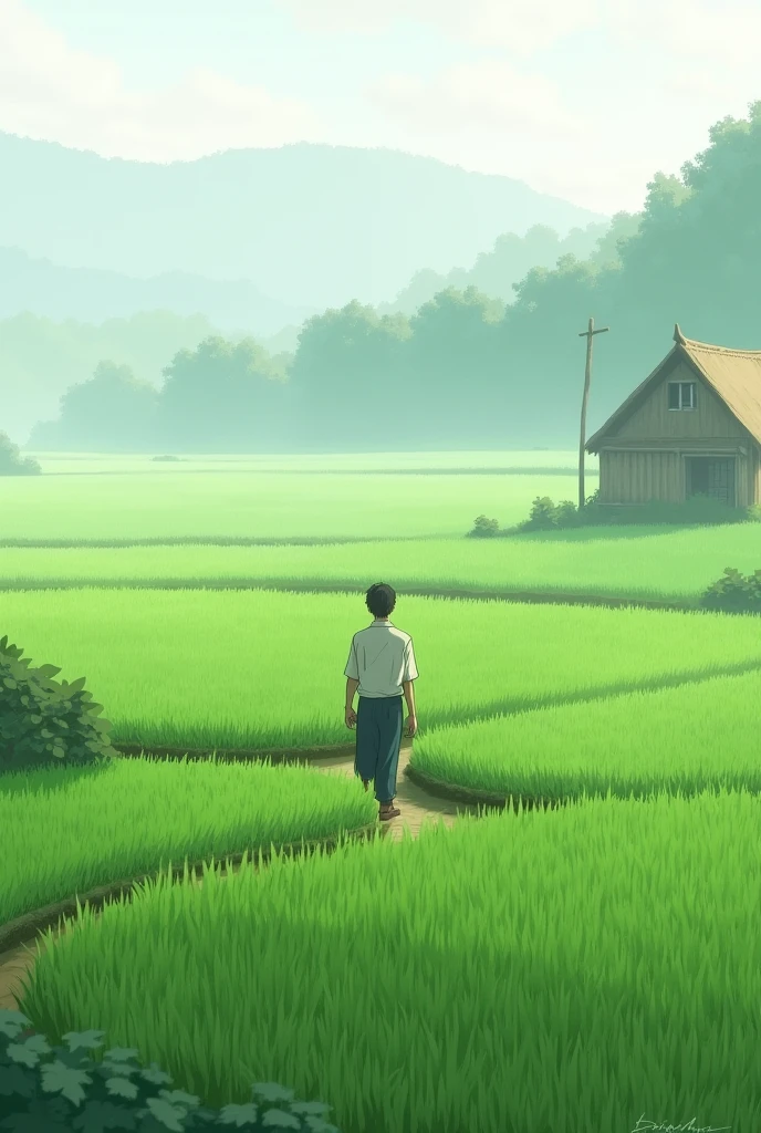 มีชายคนหนึ่งเดินผ่านrice paddies, in the background is a hut with rice paddies, rice paddies, Rice seedlings are neatly planted in the paddy field, fogy rain, village, agriculture, in the tranquil landscape, fogy weather, in the tranquil landscapeอันกว้างใหญ่, In the morning, in the morning fog, หลังvillageเล็กๆแห่งหนึ่ง, fog, Japanese countryside, Thatched roof --V 6