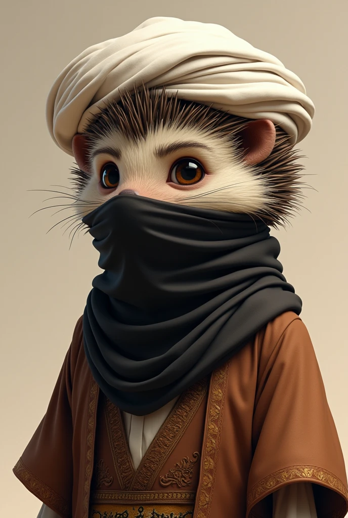 a male hedgehog in his twenties . He has a white Islamic turban on his head. wearing brown Islamic robe. wearing a black veil covering her face. messy hair beautiful looking realistic animation drawing. 