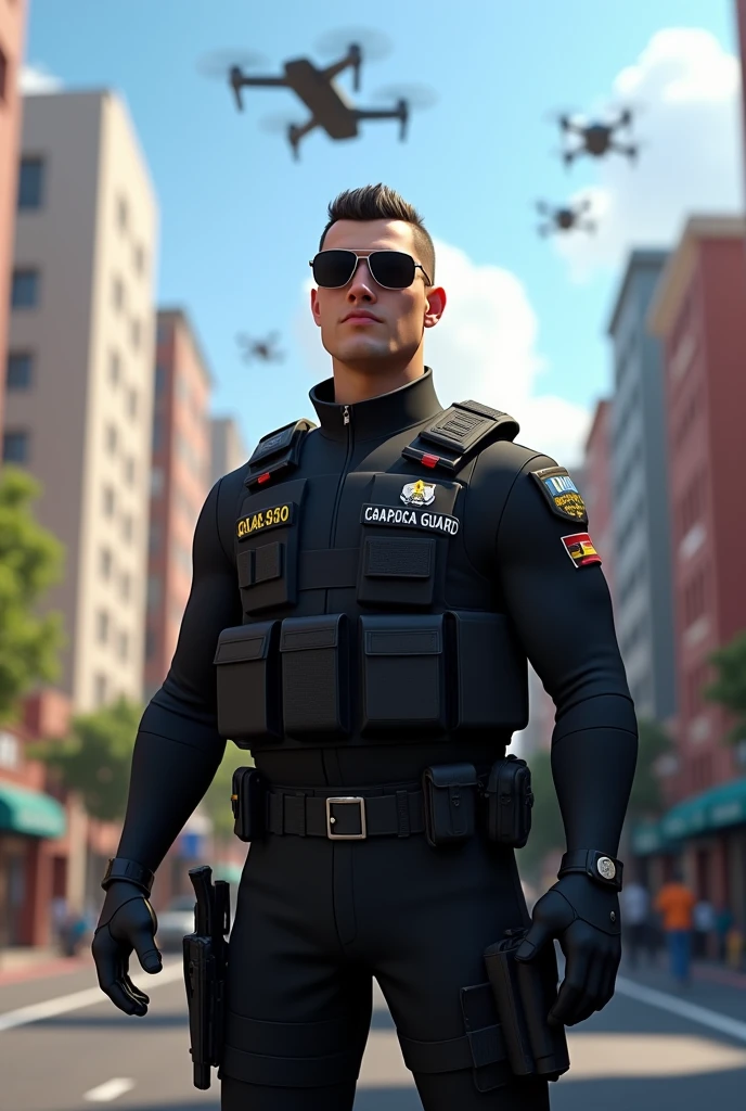 Tactical Security Man, 4K, High definition, Disney Pixar in black uniform with the word "Guarda Minicipal" and with the flag of the state of São Paulo, sunglasses on the streets and with drones