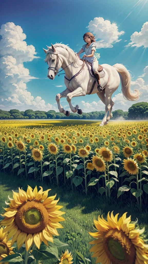 “A vibrant, pastel-colored illustration in the style of Studio Ghibli. The scene features a key master and a honeybee hovering near a majestic, pure white horse running freely without reins through a vast field filled with blooming sunflowers. The colors are soft yet vibrant, with the pastel tones enhancing the dreamy, magical atmosphere typical of a Studio Ghibli film.”