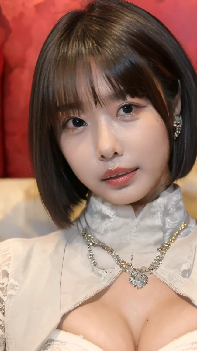 ((Highest quality, 8k, masterpiece :1.3)), (Sharp focus :1.2, Beautiful woman with perfect figure :1.4, Slim Abs :1.2), ((Big Breasts, Accentuate your cleavage:1.3)), (PhotoRealistic:1.4), (Realistic:1.4), (Short Bob Hair, Light brown hair:1.5), Highly detailed face and skin texture, fine grain, double eyelid. Makeup Face, A little bit of lipstick, necklace, Earrings, Sex Appeal, Sexy sculpture pose, (Japanese gravure idol wearing a white lace bra and tiny shorts、Lying sexily on the sofa with a provocative gaze。The background is a chic interior。ゴールドのEarringsが揺れている。:1.3)