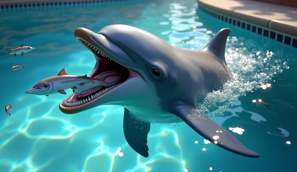 The dolphin opens its mouth wide to catch fish.、Location: Pool、Photorealistic、high resolution、