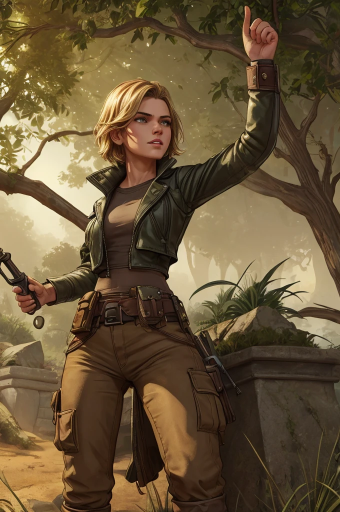 1920s tomboy adventurer, wearing rugged, practical clothing with a utility belt and a leather jacket, short blonde hair styled in a tousled bob, confident determined expression, standing in a dynamic pose, ancient overgrown temple in the jungle, action and adventure, cinematic composition, warm earthy tones, dramatic lighting, high detail, textured clothing, soft shadows, cinematic lighting, low-angle shot
