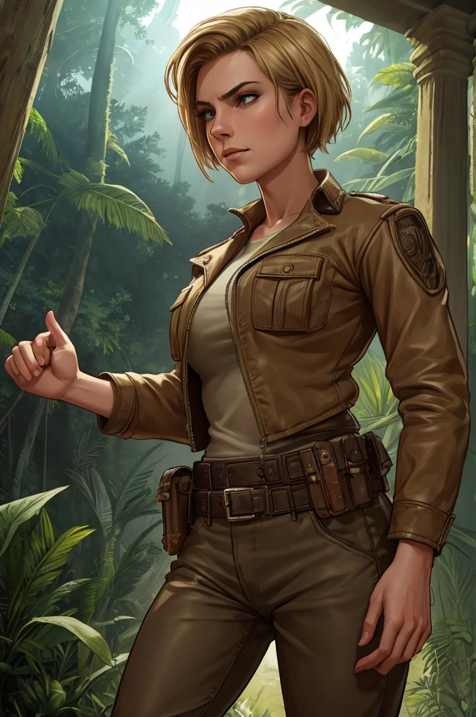 1920s tomboy adventurer, wearing rugged, practical clothing with a utility belt and a leather jacket, short blonde hair styled in a tousled bob, confident determined expression, standing in a dynamic pose, ancient overgrown temple in the jungle, action and adventure, cinematic composition, warm earthy tones, dramatic lighting, high detail, textured clothing, soft shadows, cinematic lighting, low-angle shot