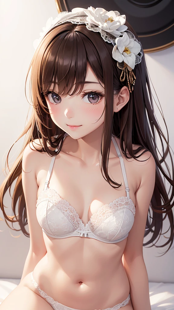 Best Quality,High resolution,8k,(plain white background, no patterns, no textures, just a plain white background:1.3),Masterpiece:1.2),beautiful girl,Big Breasts,(Shiny brown hair:1.3),messy hair,Beautiful brown eyes,A set of lingerie featuring intricate lace detailing(black color). The bra has delicate lace trim along the edges with a floral or geometric pattern, and adjustable straps with small, refined accents. The panties are designed with matching lace, featuring a soft, breathable fabric with a touch of elegance. The color scheme is sophisticated, such as soft pastels or classic black with subtle touches of gold or silver,Gentle look,A refreshing look,smile,Best quality,Best Quality,Aesthetic and aesthetic:1.2,Best details((Super detailed))(High-definition CG illustrations),Slender body,smile,blush,cute,Scrounge,Looking up,Being spoiled,wariza
