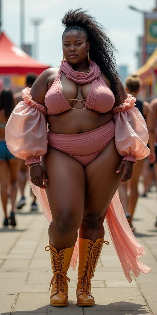 MASSIVE HIPS thighs, tiny waist:2, MASSIVE BUTTOCKS, UHD, She's a dark skin melanin Goddess, DSLR, translucent (tan plastic) high leg warmers, translucent (puffy intricate) gradient sleeves, festival sidewalk, mauve scarf + skirt + garters, expressive pose, infinitely smallest waist, tiny paper-thin waistline, very long mohawk fade, RAW footage, no nudity skin
