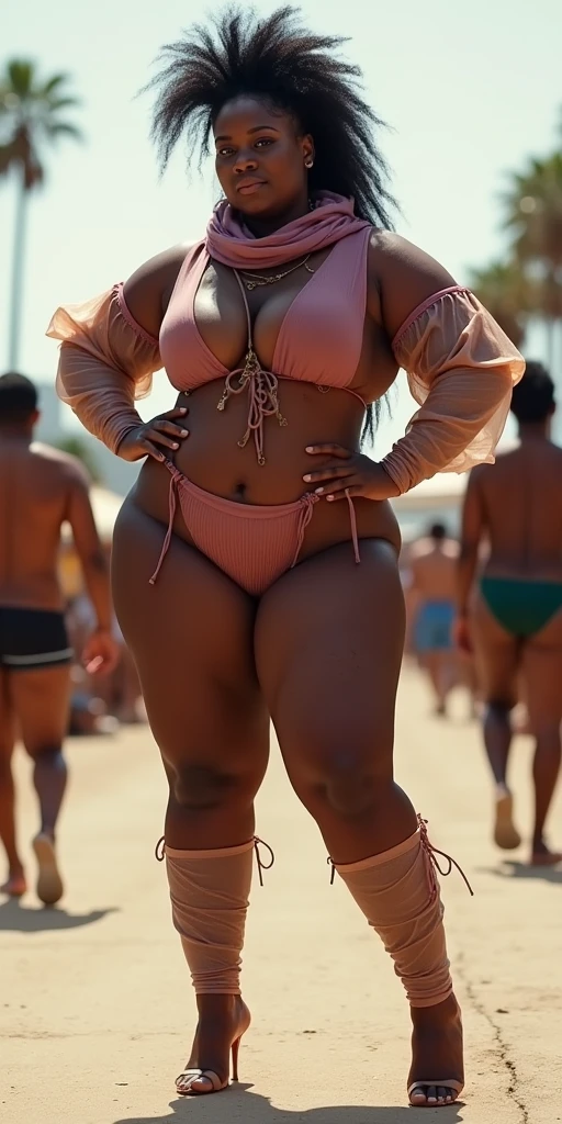 MASSIVE HIPS thighs, tiny waist:2, MASSIVE BUTTOCKS, UHD, She's a dark skin melanin Goddess, DSLR, translucent (tan plastic) high leg warmers, translucent (puffy intricate) gradient sleeves, festival sidewalk, mauve scarf + skirt + garters, expressive pose, infinitely smallest waist, tiny paper-thin waistline, very long mohawk fade, RAW footage, no nudity skin