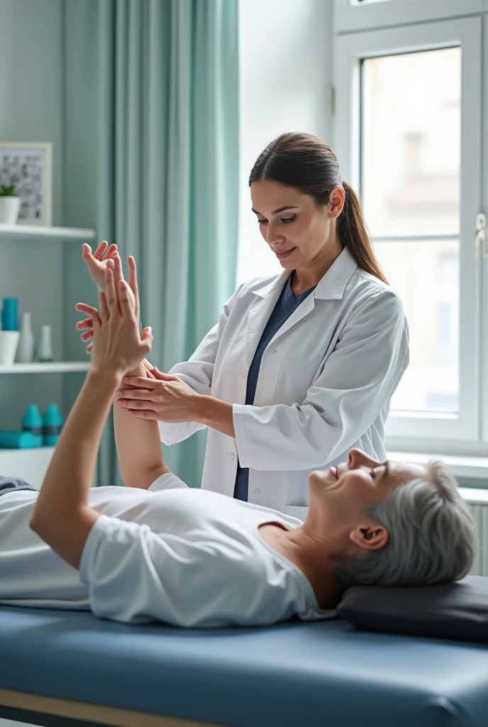 Physiotherapist performing shoulder flexion movement on a patient