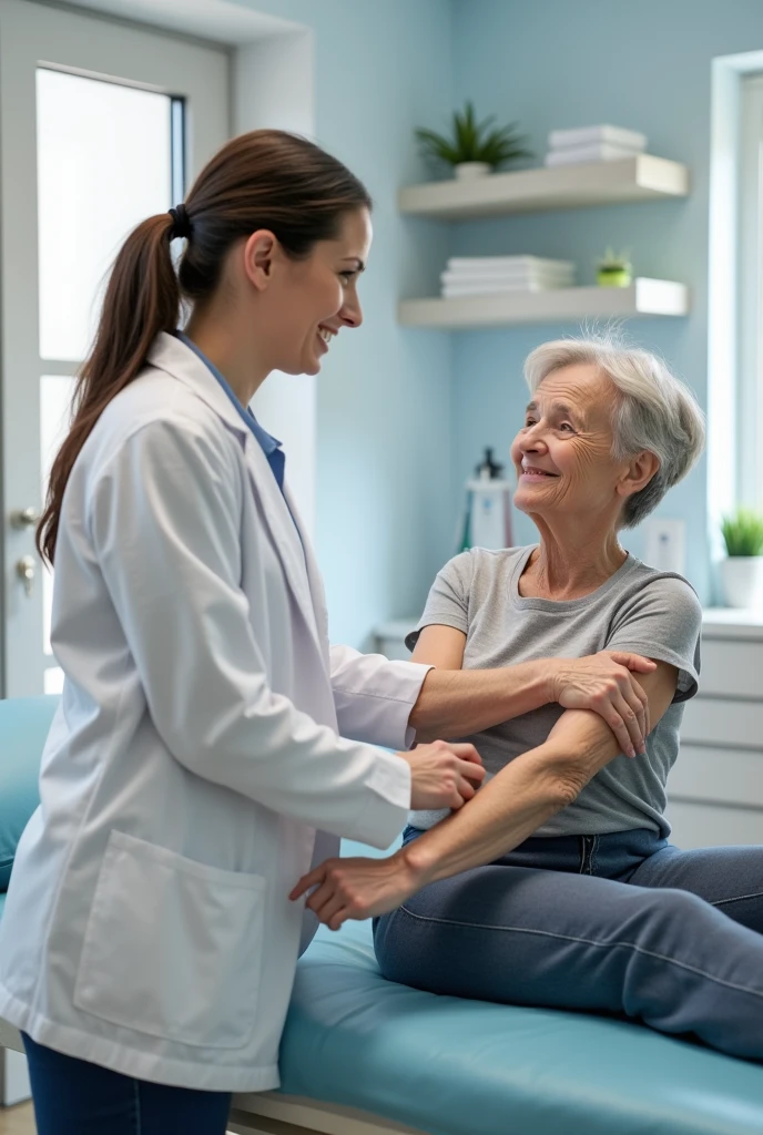 Physiotherapist performing shoulder flexion movement on a patient