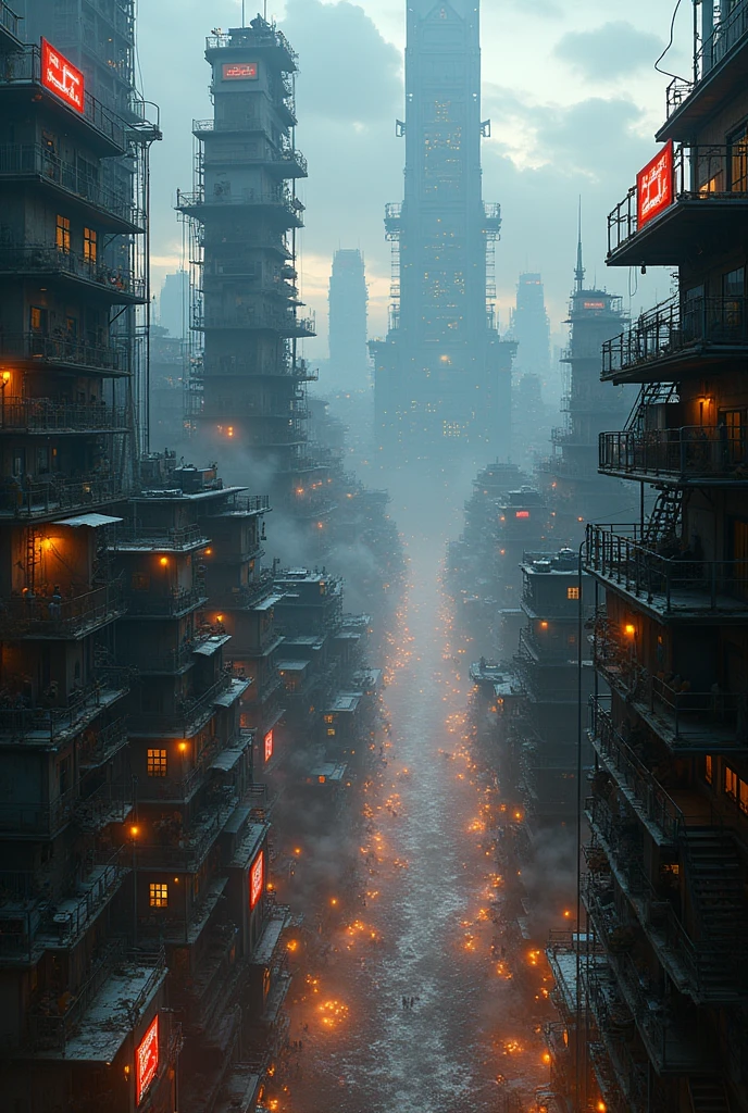 An eagle's eye view of a large cyberpunk style city slum