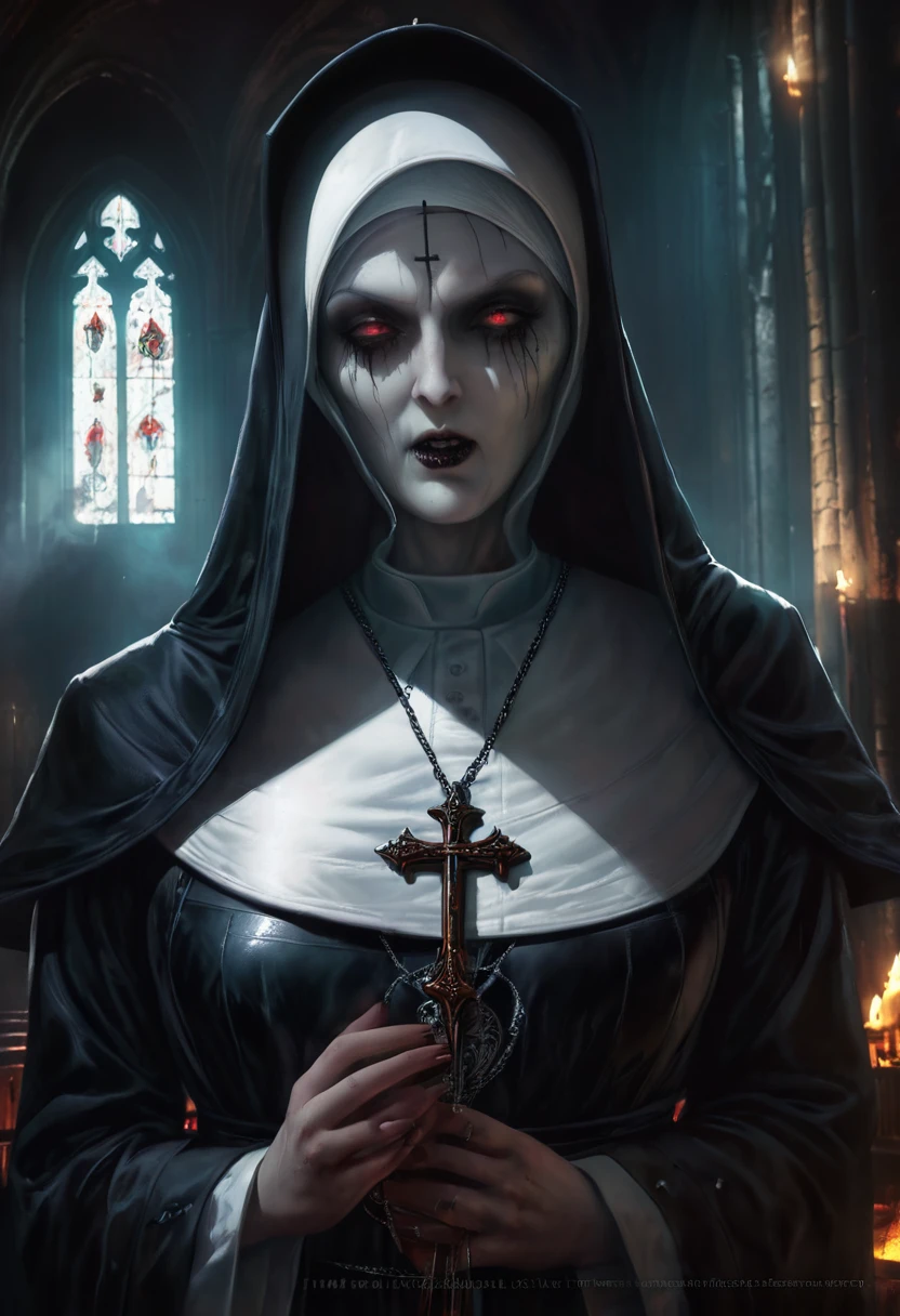 detailed terrifying demonic nun, horns, dark gothic cathedral, dramatic lighting, cinematic, photorealistic, masterpiece, 8k, highly detailed, intricate details, dramatic shadows, intense colors, moody atmosphere, chiaroscuro lighting, dark fantasy, horror, macabre