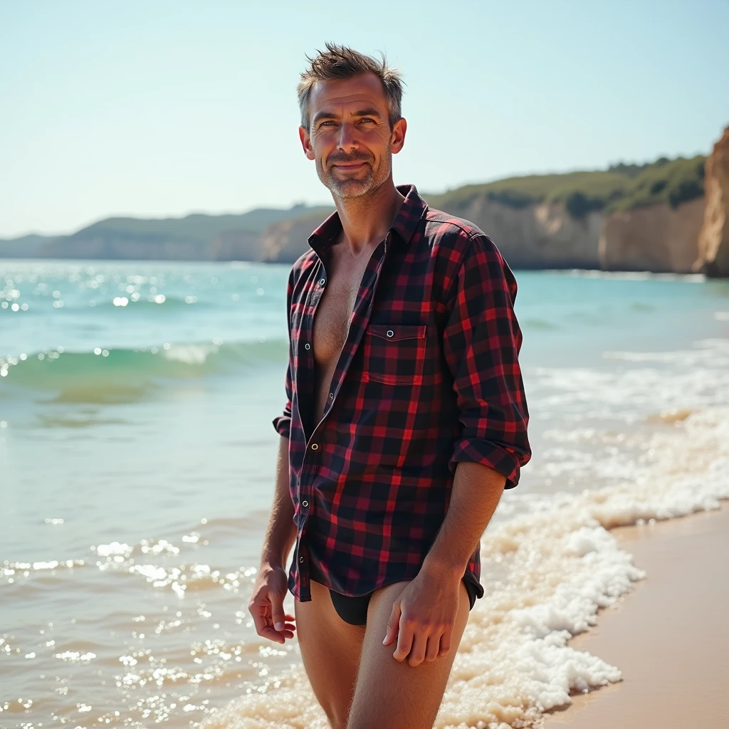 makes image of a white man, at 3, model type, with short dark hair, with clear eyes, wearing a black and red checkered shirt, from sideways, wearing underwear, wetting your feet on an Algarve beach