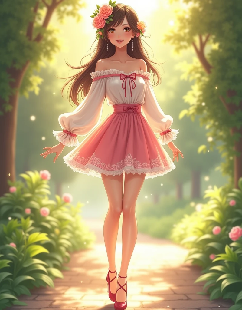 Ultra high quality，High heel，Long legs，Smile，Sunlight，Lace off-the-shoulder，Pink skirt，Wear flowers on your head，student，charming，Ribbon