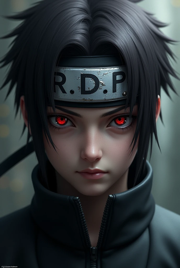 a ninja hitai-at with the letters R.d.P written renegade type character brunette short hair and cut like itachi