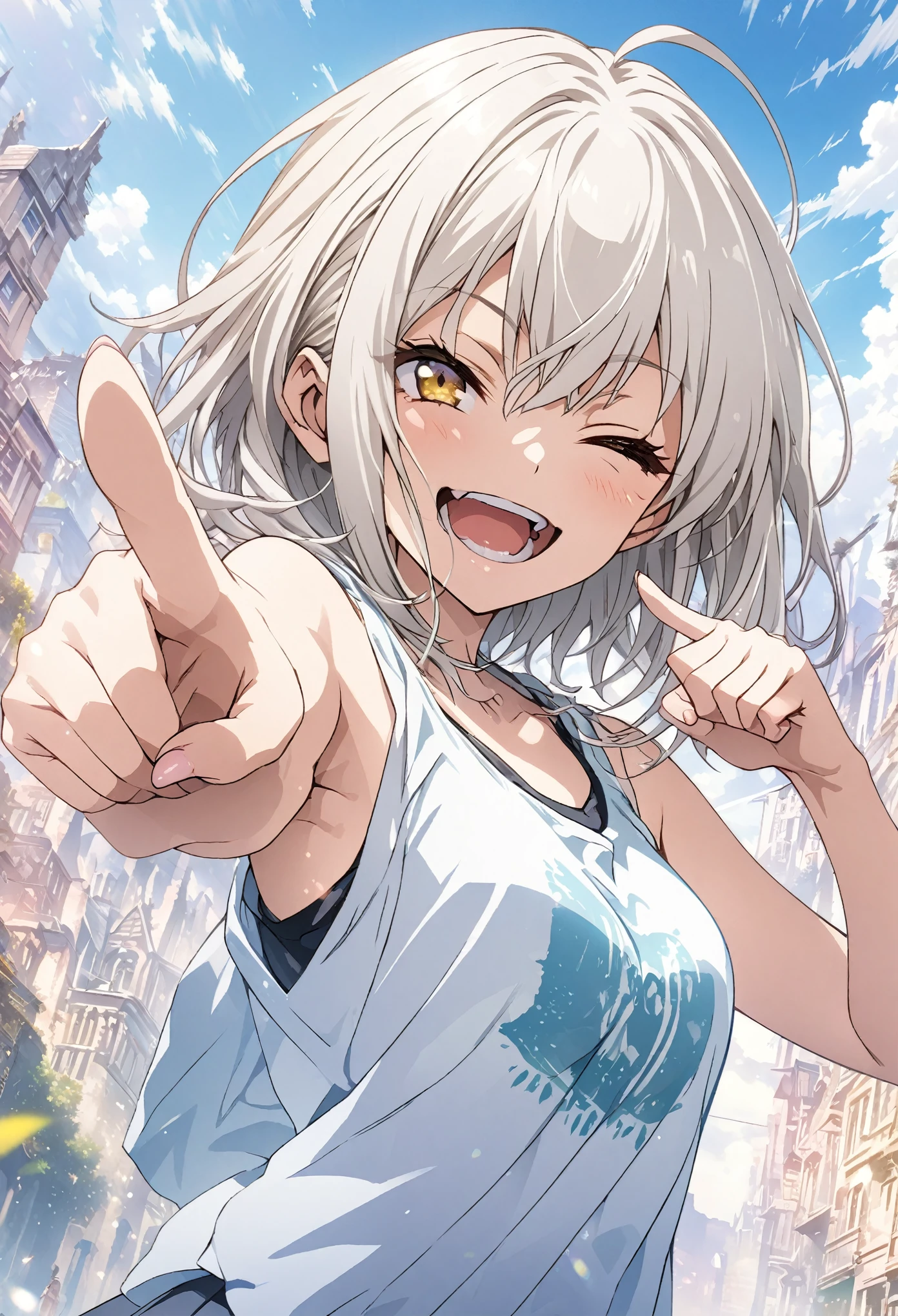 masterpiece, Highest quality, Highly detailed CG Unity 8k wallpaper, High School Girl Anime Illustration. Wear an oversized tank top、Pointing a gun pose、she has her eyes closed and mouth open, smile. The background is a light pastel colored landscape.,  white hair color, Yellow Eyes, Written boundary depth