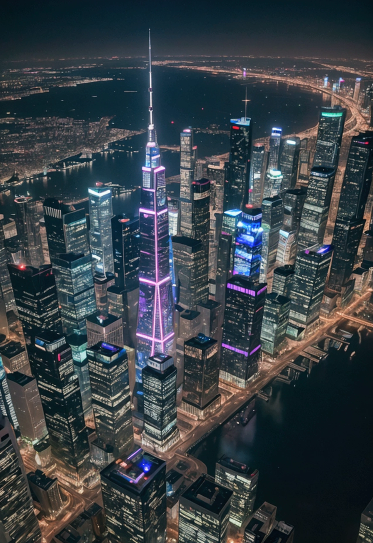 ‘A breathtaking city of the future at night, with towering skyscrapers made of glass and steel, neon lights, that light up the streets below, street view, glittering, sharp edges'