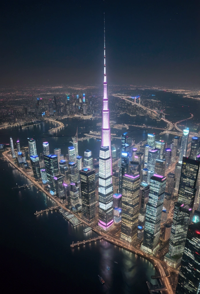 ‘A breathtaking city of the future at night, with towering skyscrapers made of glass and steel, neon lights, that light up the streets below, street view, glittering, sharp edges'