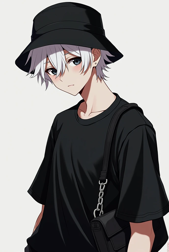 Male, 2d, anime, white hair, black shirt, black eyes, black crossbody bag, idol, black bucket hat