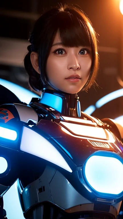 Wide-angle shot, 1 female, Mecha, Glowing black eyes, Very cute face, (Realistic:1.37), バイオMechaニカル, Spaceship interior bokeh background, Ultra-realistic, Very detailed, Very intricate details, Beautiful woman in focus、