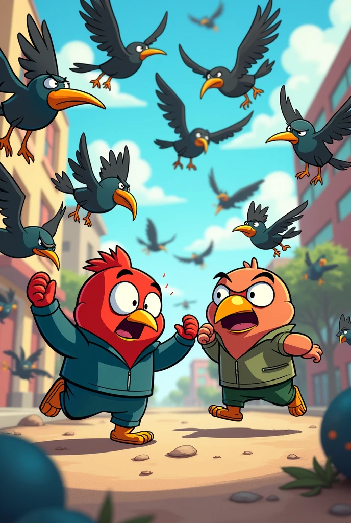 Plzz create the image he show birds attack cartoon waly moto patlu