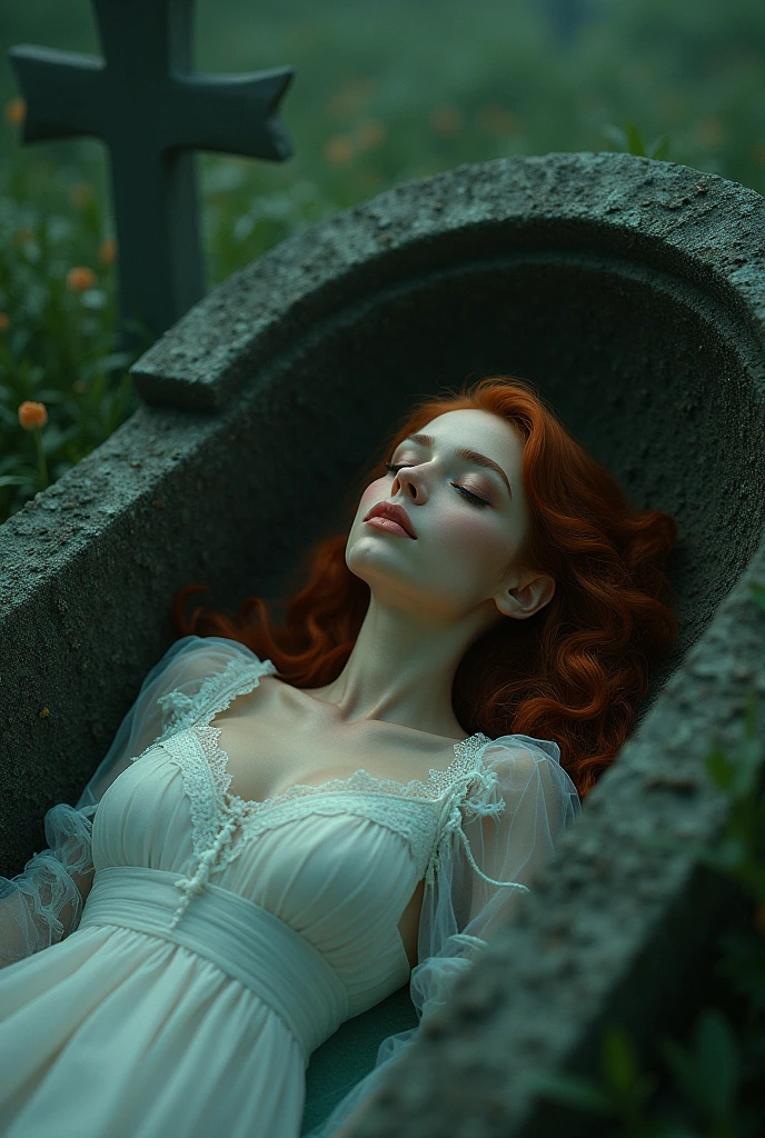 young woman with mystical characteristics, green eyes and reddish hair, with Mexican physical characteristics, brunette, buried in a grave 🪦 dead