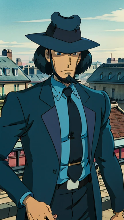 (1man, jigen), (extremely detailed CG unit 8k wallpaper),(master part), (best quality), (ultra detail), (best illustration),(ghibli style), cowboy shot, (Sharp eyeliner, ombre, detail eyes:1), Paris in the 50, outdoors , break , (GHIBLI_Background), upper body, hat, formal suit,