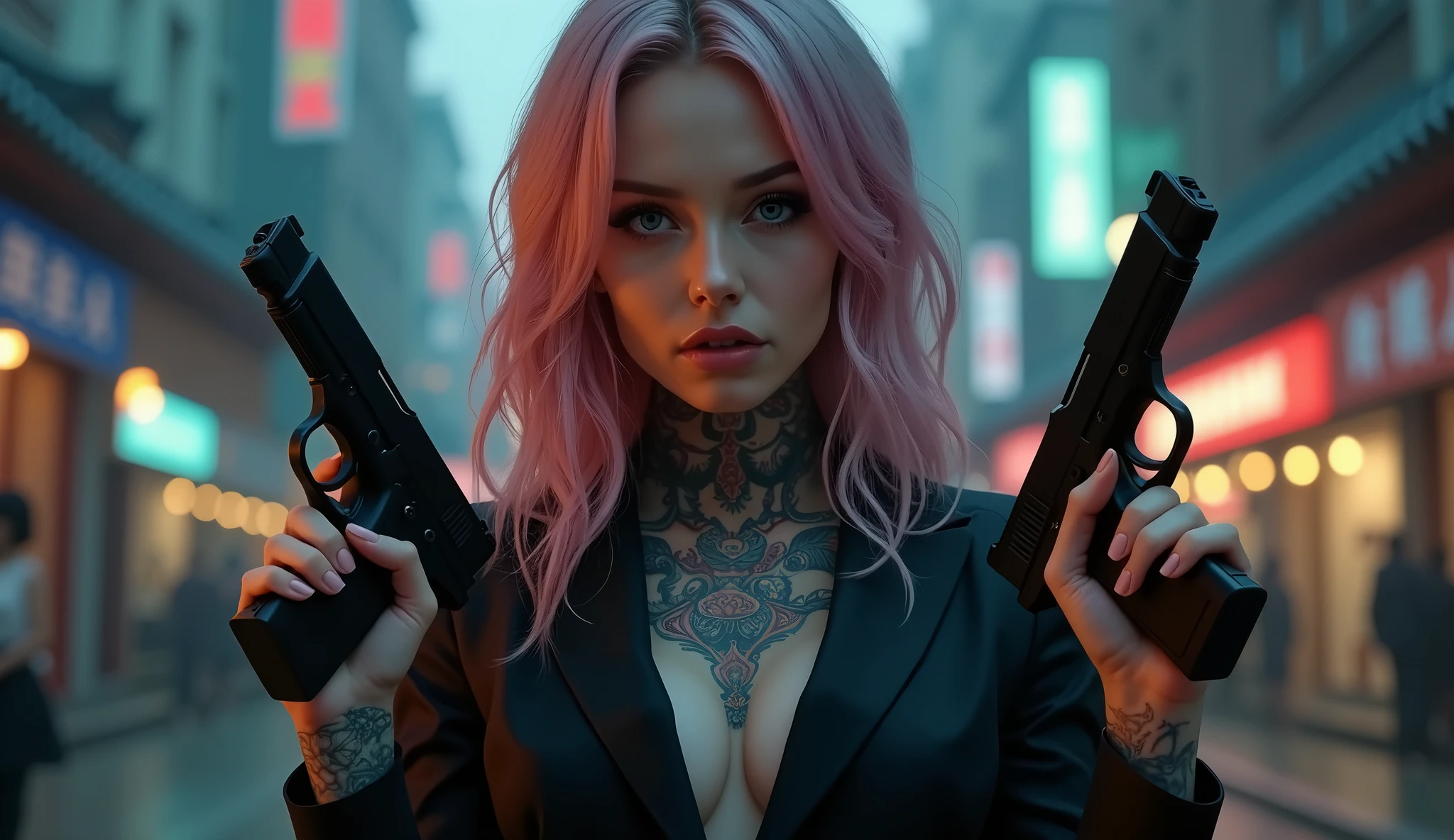 tatuados,Very beautiful big breasts、business suit、(Hold two Berettas in each hand)(Very large bust),(Many tattoos on both arms and neck)、 (Late Night in Seoul（South Korea） - A fusion of ancient palaces and modern cities）,Candlelight only,Very detailed, 18-year-old, A beautiful woman,Depressed face, Pink and silver hair,Wavy Hair, blue eyes, High resolution, masterpiece, Highest quality, Intricate details, Very detailed, Clear focus, Delicate skin, practical skin texture, texture, Delicate eyes, Professional, 8k, Sad face,despair、 Shot with Canon, 85mm, Shallow and deep, Kodak Vision Color, Exactly, Very detailed, photograph_\(Extremist\), photographpractical, practical, Post-processing, Maximum details, Roughness, Real Life, Extremist practical, Photorealism, photographgraphy, 8k ウルトラ HD, photographgraphy