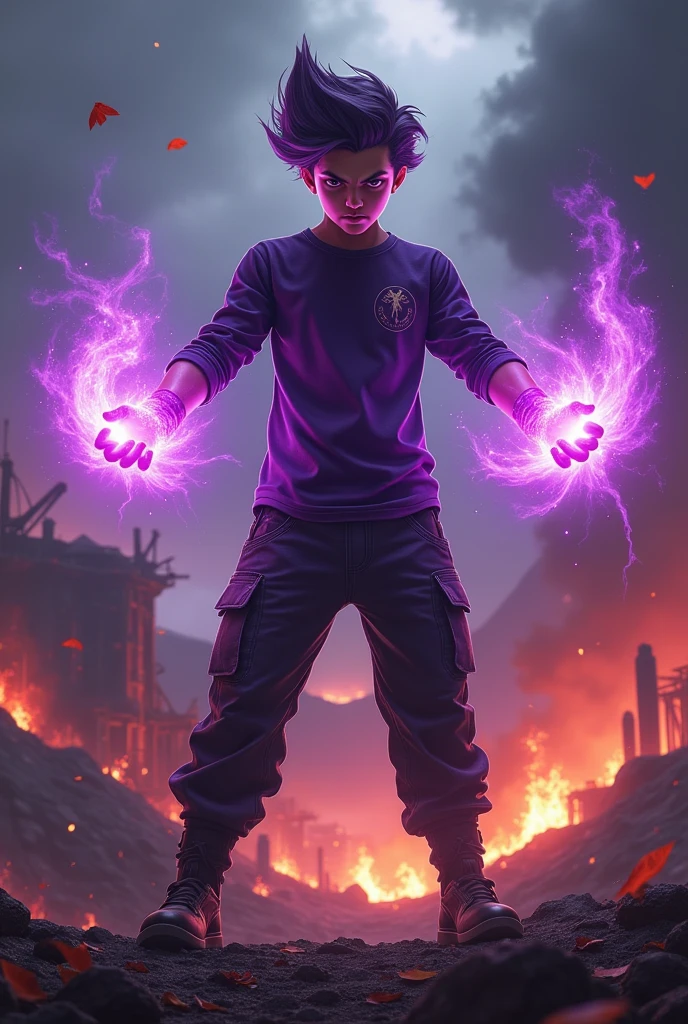 a man real teenage 14 year old Malaysia Indonesia.(purple glasses) sharp eyes. Anger face. Open mouth. . wearing an (dark purple ) future shirt . anger face.wavy hairstyle purple. Dramatic.. stand on lava ,(dark purple)cargo pant,, detailed face, cinematic lighting, dramatic atmosphere,.hot day. vibrant colors, 8k, high quality, photorealistic. Hero suit.shadow power dark power from his hand. Glowing magic element shadow elment from hand, ember everywhere . Glowing dark purple, shadow logo design on pant . Very strong. Future design dress. Very epic. Very hot background.. dark sky. Very strong . fire very strong . Flying burn dry leave everywhere..Shadow Imitation sharp shape power from hand .rasengan . at volcano Damage building. Floating small rock everywhere. kamehameha
