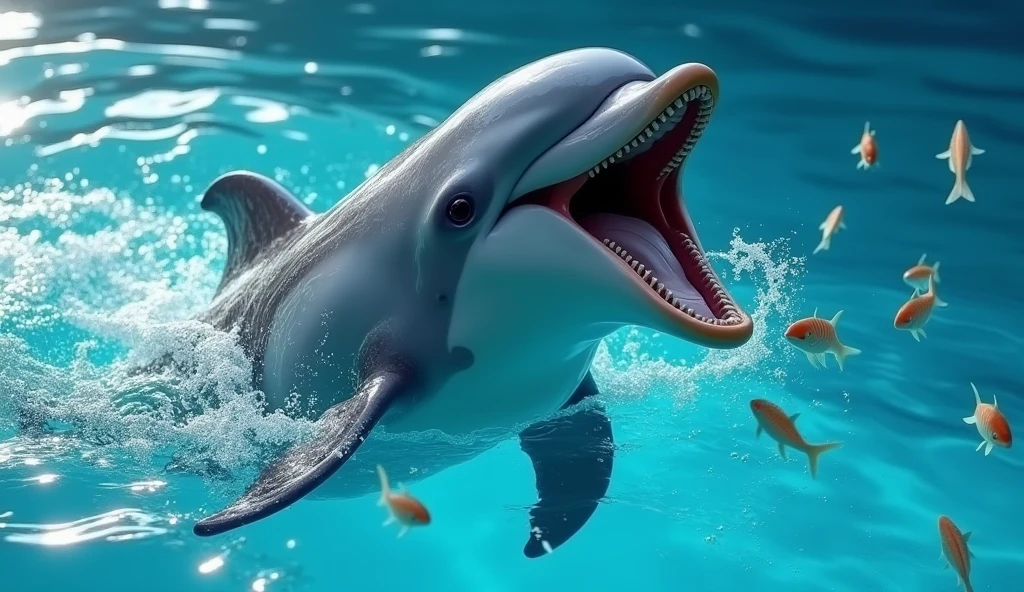 The dolphin opens its mouth wide to catch fish.、Location: Pool、Photorealistic、high resolution、