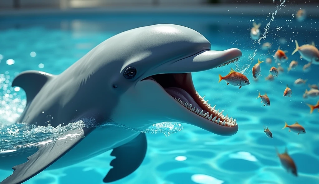The dolphin opens its mouth wide to catch fish.、Location: Pool、Photorealistic、high resolution、
