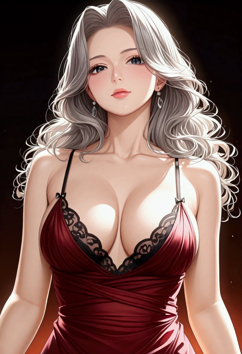 score_9, score_8_superior, score_7_superior, High-resolution CG illustration,A masterpiece in 32K resolution,Highest quality,it is really amazing,Very detailed,Ultra-high resolution,Ultra-realistic,Realistic,Increased depth of field,Cinematic lighting,
Elegant mature Japanese woman,
Shiny silver hair,Wavy long hair,Showing his forehead,god々Beautiful,Ultra-detailed and beautiful face,Sensual look,Beautiful dark brown, moist eyes,Pitch black eyes,Glowing, moisturized skin,Translucent white skin,born々New skin texture,Great proportions,
Elegant wine-red slit dress,spaghetti straps,Deep slit,Detailed and beautiful lace decorations,born地の柔らかな質感,
Black panties,
Black Stockings,
高層ビルの屋superior,Background of big city night scene,
Dramatic Angle,