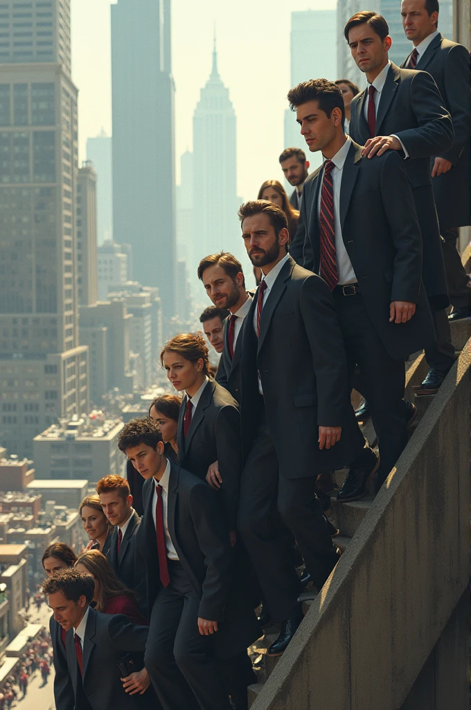 Create a group of people dressed as evangelicals climbing up in a city