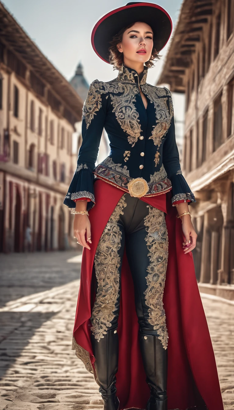 Highest quality, Realistic, photoRealistic, Award-winning photography, (Intricate details, Bullring: 1.2), (Subtle details), (Intricate details), (Cinematic Light, Super sexy short hair woman, Bullfighter, Bullring, huge firm bouncing chests, sexy long legs, dynamic sexy pose, Bullfighter uniform, Bullfighter hat, Bullfighterのlong pants, flashy leather long boots, Bullfighter's Red Cape, Confronting the bull, Full body close-up),
