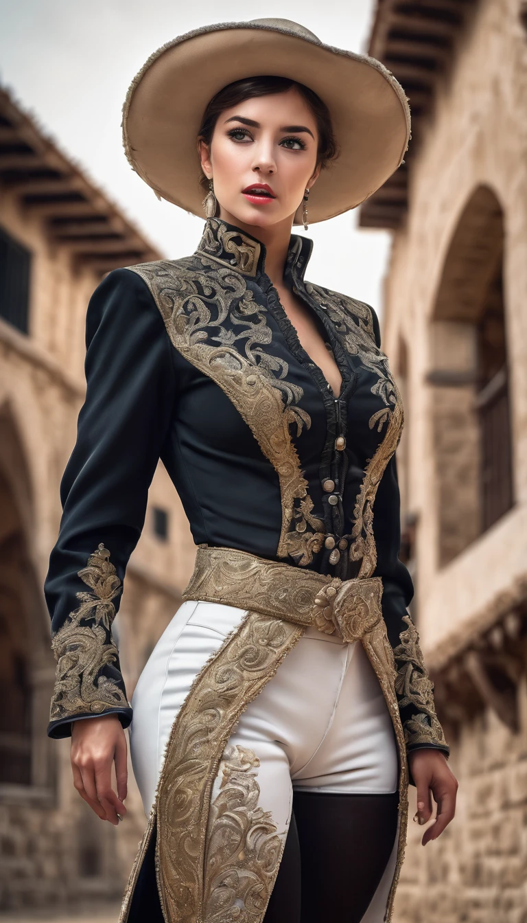Highest quality, Realistic, photoRealistic, Award-winning photography, (Intricate details, Bullring: 1.2), (Subtle details), (Intricate details), (Cinematic Light, Super sexy short hair woman, Bullfighter, Bullring, huge firm bouncing chests, sexy long legs, dynamic sexy pose, Bullfighter uniform, Bullfighter hat, Bullfighterのlong pants, flashy leather long boots, Bullfighter's Red Cape, Confronting the bull, Full body close-up),