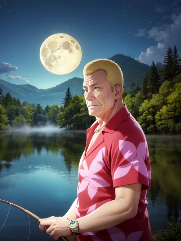 (fishing), One Man, Teppei Hojo, middle-aged man, old man, red and pink hawaiian shirt, blonde hair, black eyes, short sleeves, white pants, necklace, wristwatch, cleft chin, 夜fishing, full moon, Starlight, Mysterious Fog, Light on the lake, Luminous fish, Dreamy landscape