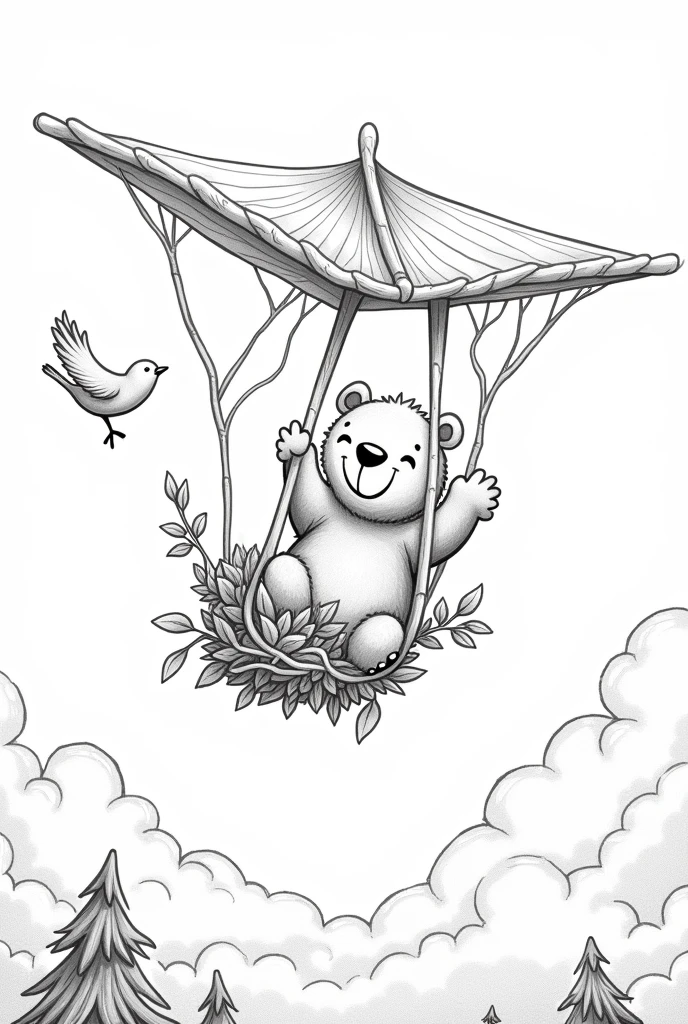 A happy bear flying in the sky with a hang glider made of leaves and branches, soaring alongside a friendly bird. The bear is smiling, gripping the hang glider as it flies high above the treetops. The bird, its companion, is flying nearby, both enjoying the freedom of the open sky. The scene is detailed, with clouds and a bright sky, showing the joyful moment of the bear and bird flying together, no color, white blackboard, strokes only, thick lines, cartoon style.