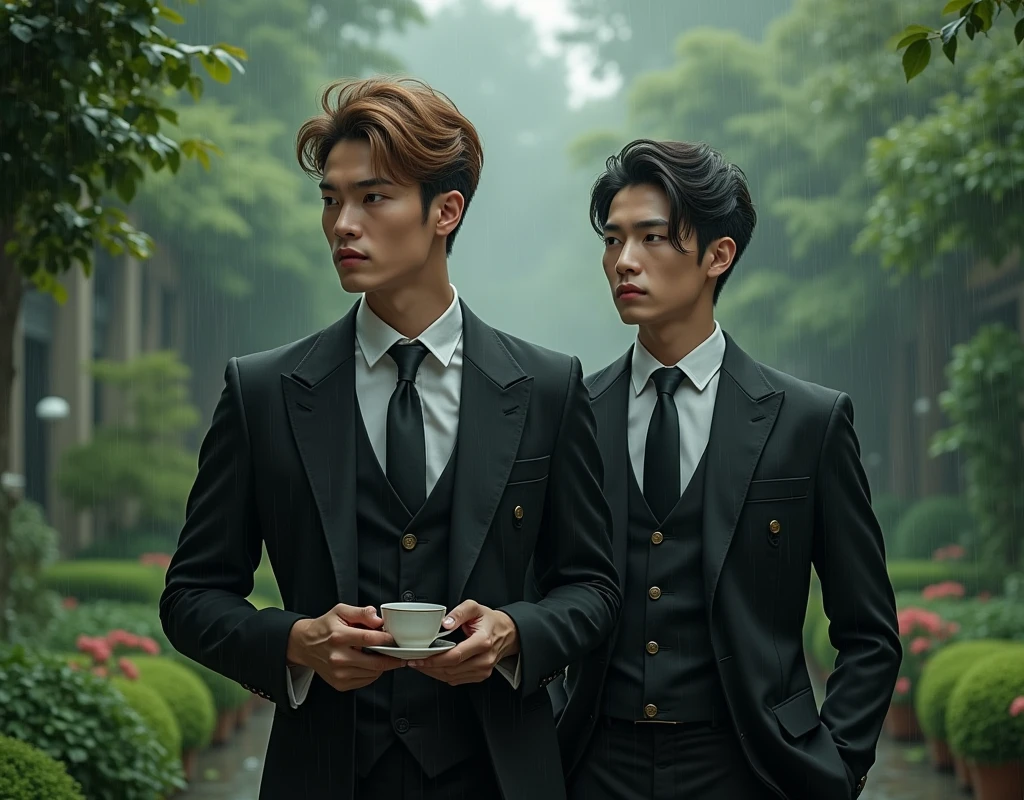 (2 men), handsome, (adult), youth (masterpiece, best quality: 1.2), rainy day, elegant foreigner, wearing suit, delicate features, male short hair, light brown hair, five on each hand Fingers, meticulous hands, elegant and refined, sitting on a chair in the garden walkway, holding a teacup in hand, garden, ultimate quality, extremely detailed, ultra-detailed face, concept art portrait of Greg, ultra-detailed, exquisite gothic art, Gothic fantasy style, three colors, fantasy, fine details, splash screen, complementary colors, fantasy concept art, 8k resolution, masterpiece, professional photography, symmetrical balance, hyper perspective, looking into the distance, the other man is the servant character