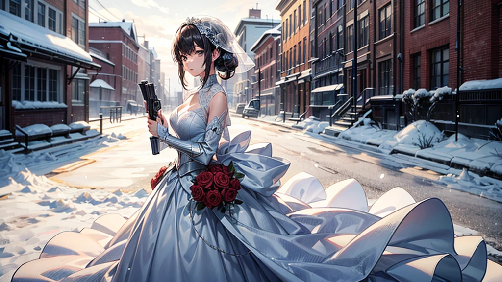 (masterpiece), best quality, expressive eyes, perfect face, A woman standing in a snowy field wearing a short wedding dress and armor, holding dual pistols in both hands, anime style