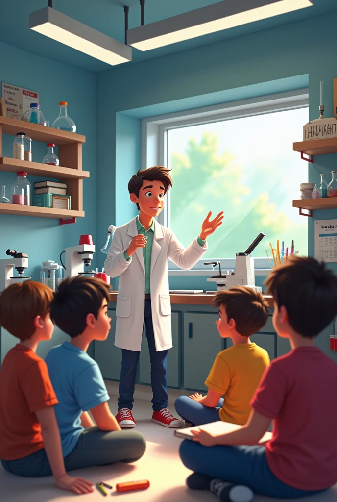 Children students sitting around the teacher inside a laboratory with a lab coat paying attention to their teacher who is also wearing a lab coat