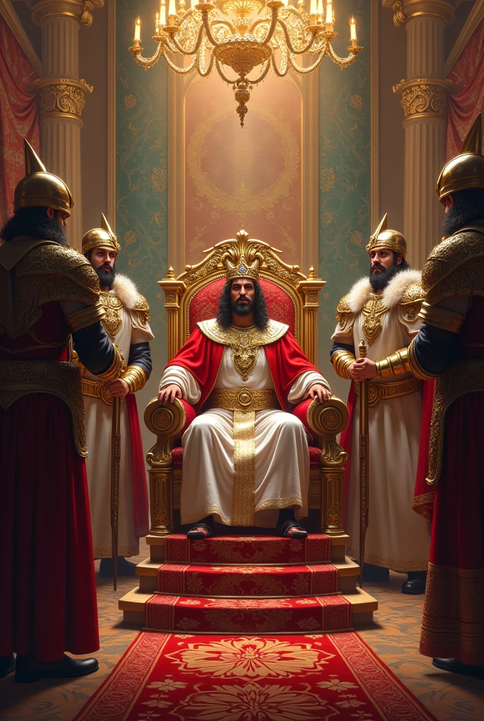 CREATE AN IMAGE OF KING SOLOMON SITTING ON HIS THRONE WITH HIS GUARDS AT THE TIME