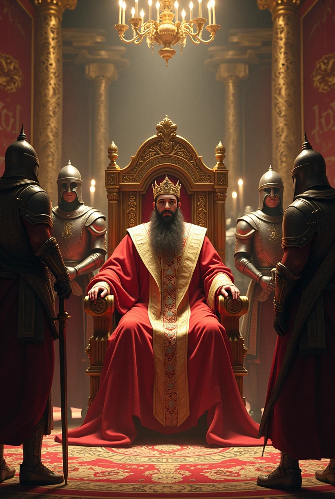 CREATE AN IMAGE OF KING SOLOMON SITTING ON HIS THRONE WITH HIS GUARDS AT THE TIME
