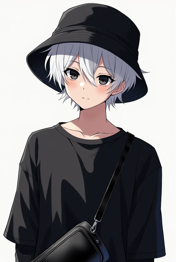 Male, 2d, anime, white hair, black shirt, black eyes, black crossbody bag, idol, black bucket hat