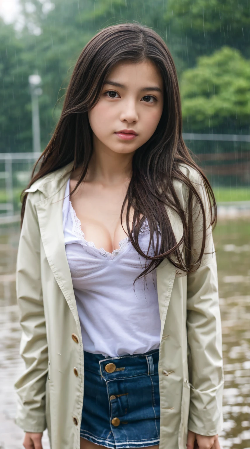 masterpiece, Highest quality, [crazy_eye], (Small breasts: 1.2), Very detailed, fog, Browsing Caution, (Expressionless)、An empty park in the rain、Beautiful junior high school girl