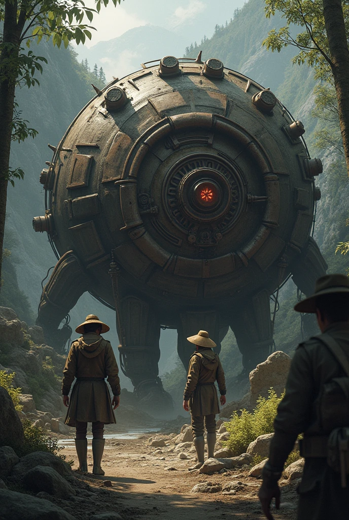 Create a realistic image of a trap designed for capturing animals, but depict it with humans interacting with it. The scene should show a large, intricate trap, such as a snare or a cage, set in an environment that suggests a wilderness or remote area. Illustrate humans either setting up, examining, or being caught in the trap. The expressions on their faces should convey a mix of caution, surprise, or concern, depending on their role in the scene. Use detailed textures and natural surroundings to enhance the realism of the trap, and incorporate dramatic lighting to highlight the tension and seriousness of the situation.