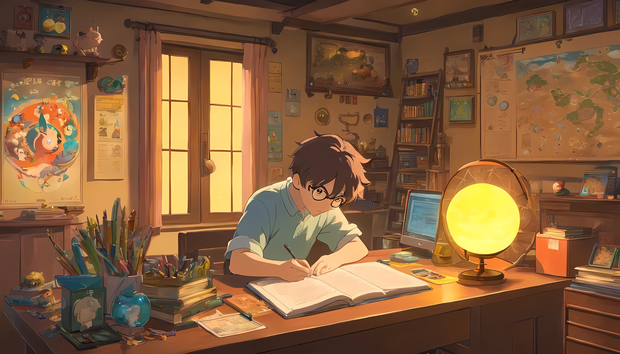 (chef-d'œuvre) un garçon étudiant assis dans sa chambre, sur son bureau, avec des écouteurs, décoration nerd, peluches Pokémon sur le mur, affiches, fenêtre montrant la lune et les étoiles, calme, paisible, pensée, moteur irréel 5, Cinématique, dégradé de couleurs, hyper détaillé, magnifiquement codé par couleur, des détails fous, détails complexes, magnifiquement gradué en couleurs, moteur illusoire, Photographie éditoriale , séance photo, Prise de vue avec un objectif 70 mm, profondeur de champ, degrés de liberté, 32k, Hyper-résolution,Plus de détails