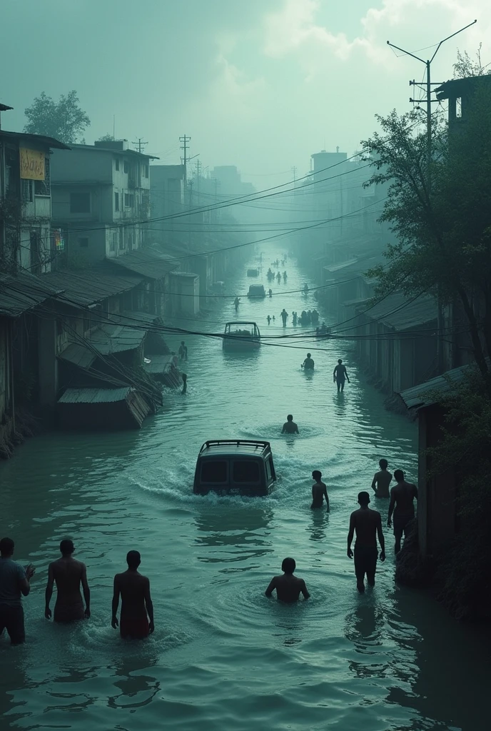 India has opened their dams during the rainy season without any warning, as a means of revenge on Bangladesh. As a result many Bangladeshi cities are now flooded, causing casualties and even death. Depict this tragic situation through art