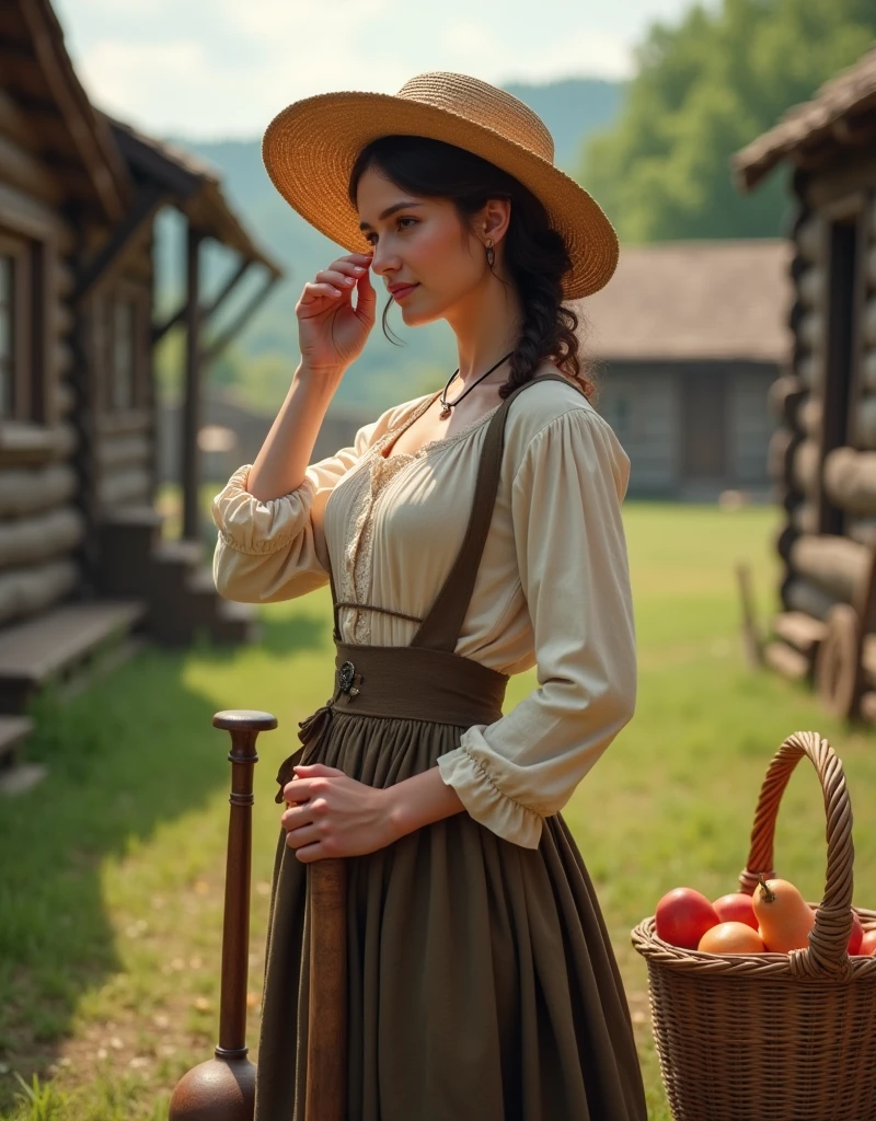 A beautiful woman dressed as a farmer in mid-19th century clothing stands on a farm, wiping sweat from her forehead with a handkerchief. She wears a light-colored blouse with rolled-up sleeves, a corseted bodice, and a long skirt, typical of the era. A wide-brimmed straw hat shades her face, and her expression is serene and composed. She is holding a wooden handle, possibly of a farming tool, and there is a wicker basket beside her, with a background of a rustic farmyard and wooden structures. The scene is set in a sunny, rural landscape with greenery in the distance